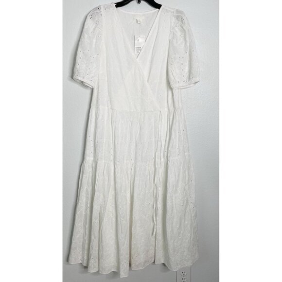 H&M White Eyelet Embroidered Midi Lined Puff Sleeve  Dress NWT Medium - Picture 2 of 5